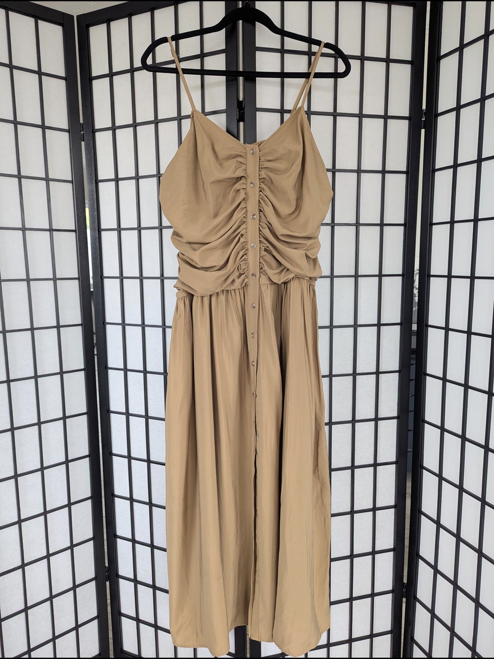 Future Collective Ruched Spaghetti-Strap Midi Dress in Tan L